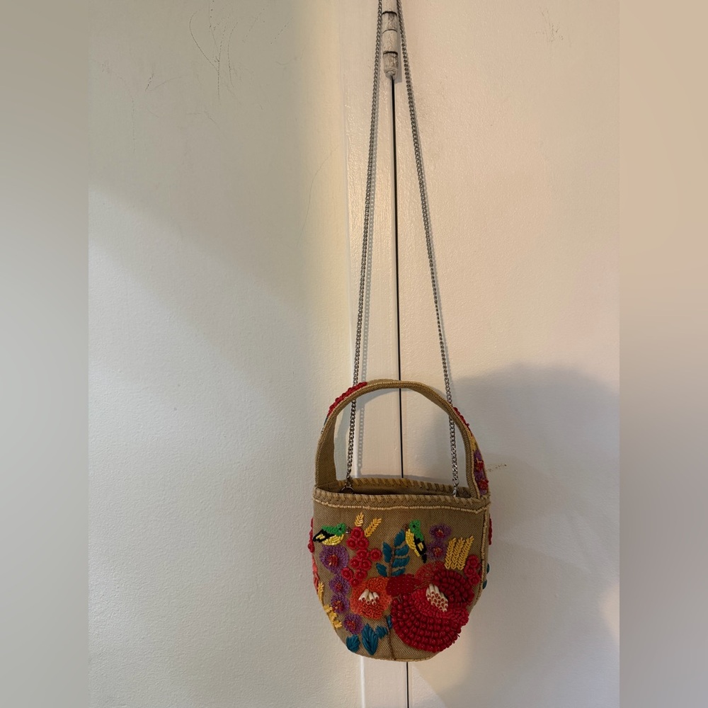 Embroidered Floral Beige Crossbody Bag